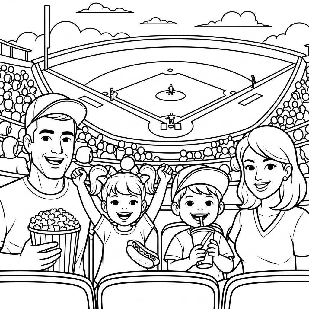 Desenho de Beisebol e Família para Colorir