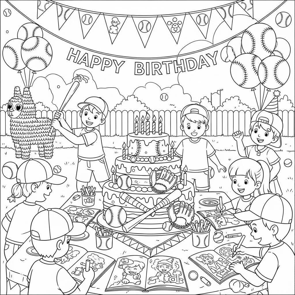 Desenho de Beisebol e Festa para Colorir