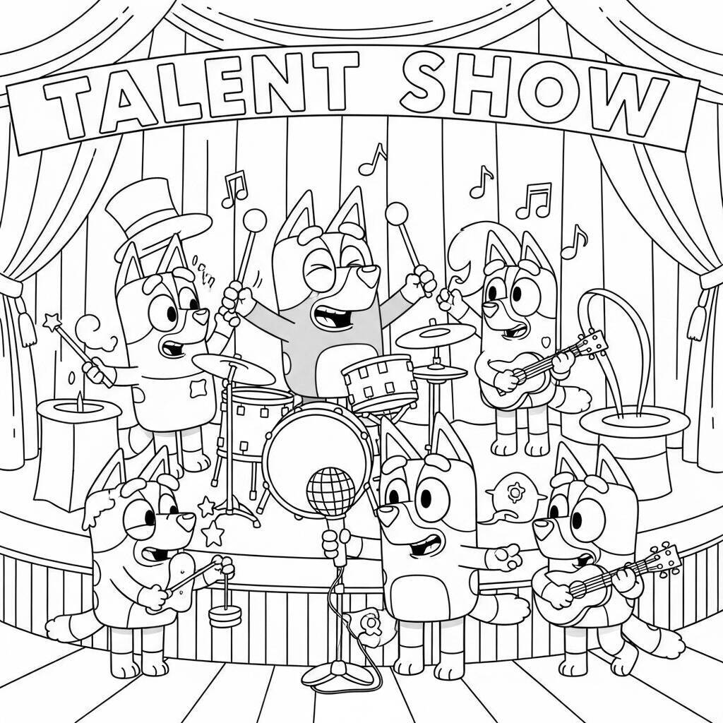 Ausmalbild: Bluey und seine Freunde machen eine Talentshow