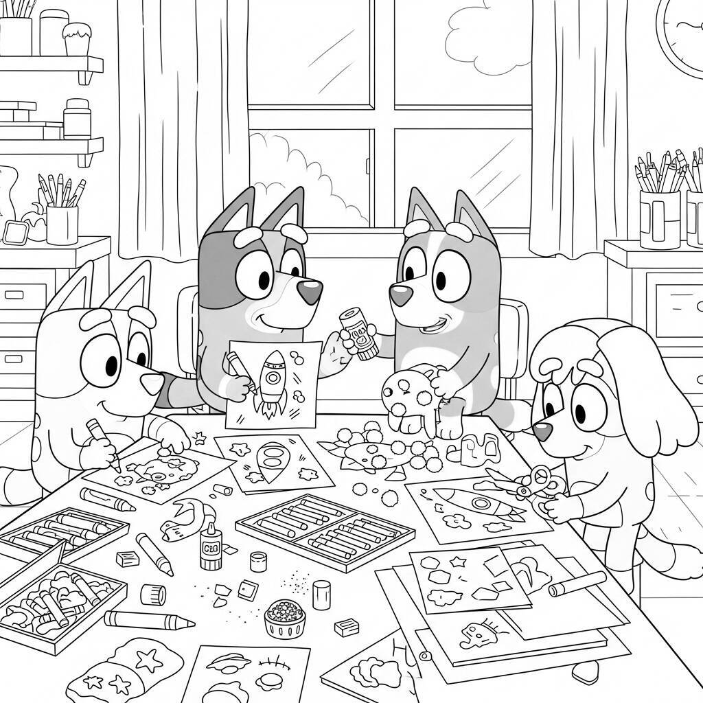 Ausmalbild: Bluey und seine Freunde an einem Tag voller künstlerischer Aktivitäten