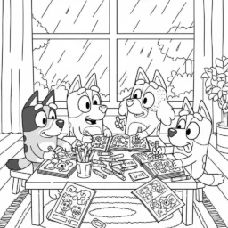 Desenho de Bluey e Amigos em um Dia de Chuva Brincando em Casa para Colorir