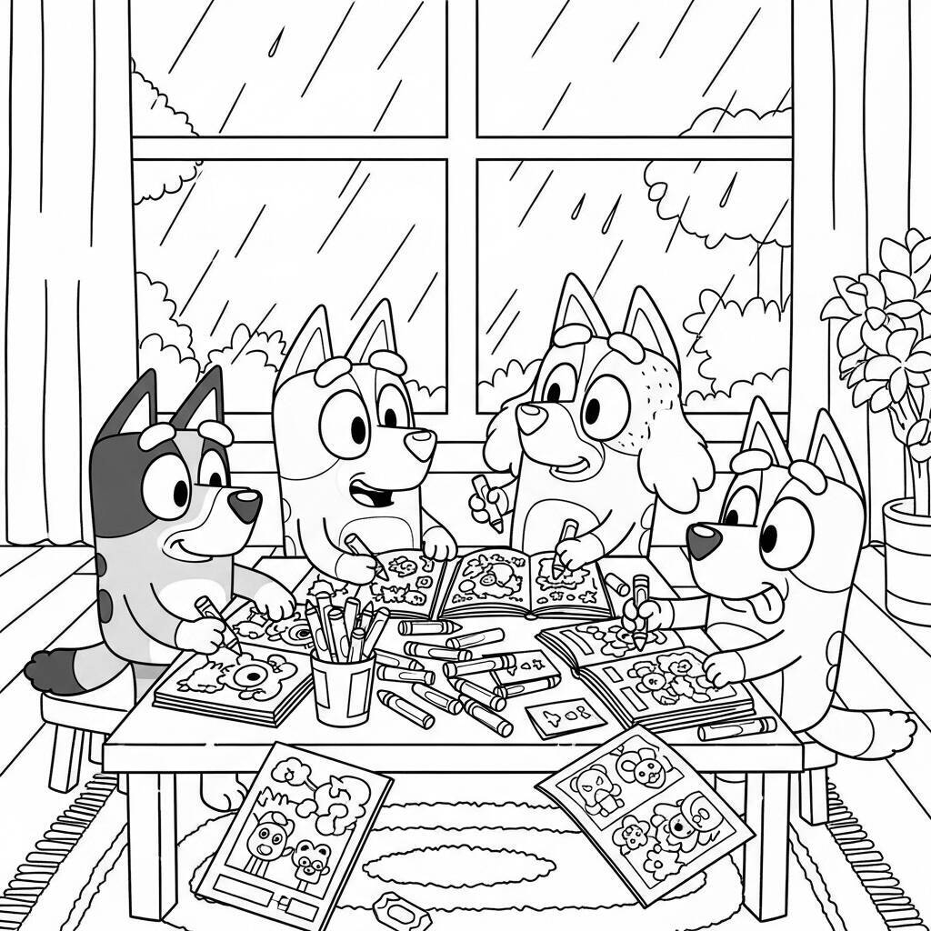 Bluey und seine Freunde spielen an einem regnerischen Tag zu Hause. Malvorlage