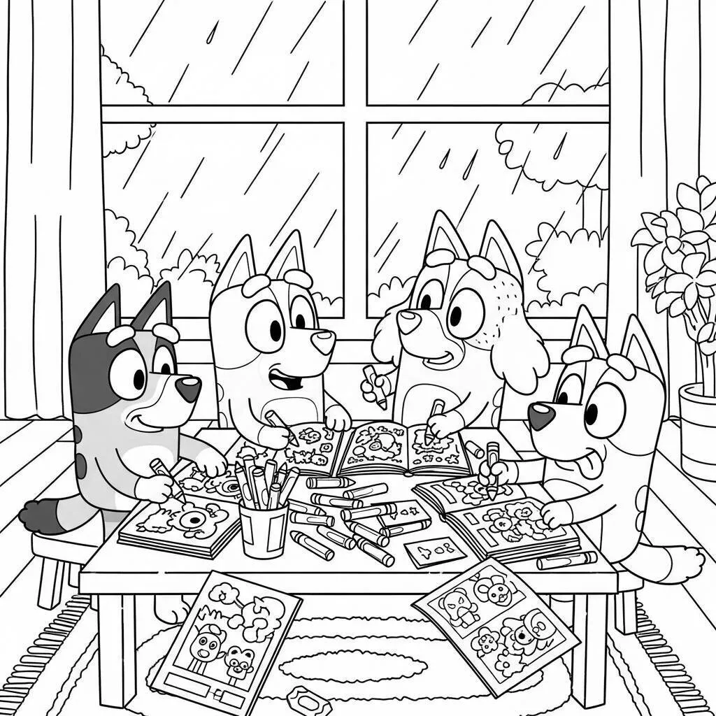 Desenho-de-Bluey-e-Amigos-em-um-Dia-de-Chuva-Brincando-em-Casa-para-Colorir Desenho de Bluey e Amigos em um Dia de Chuva Brincando em Casa para Colorir