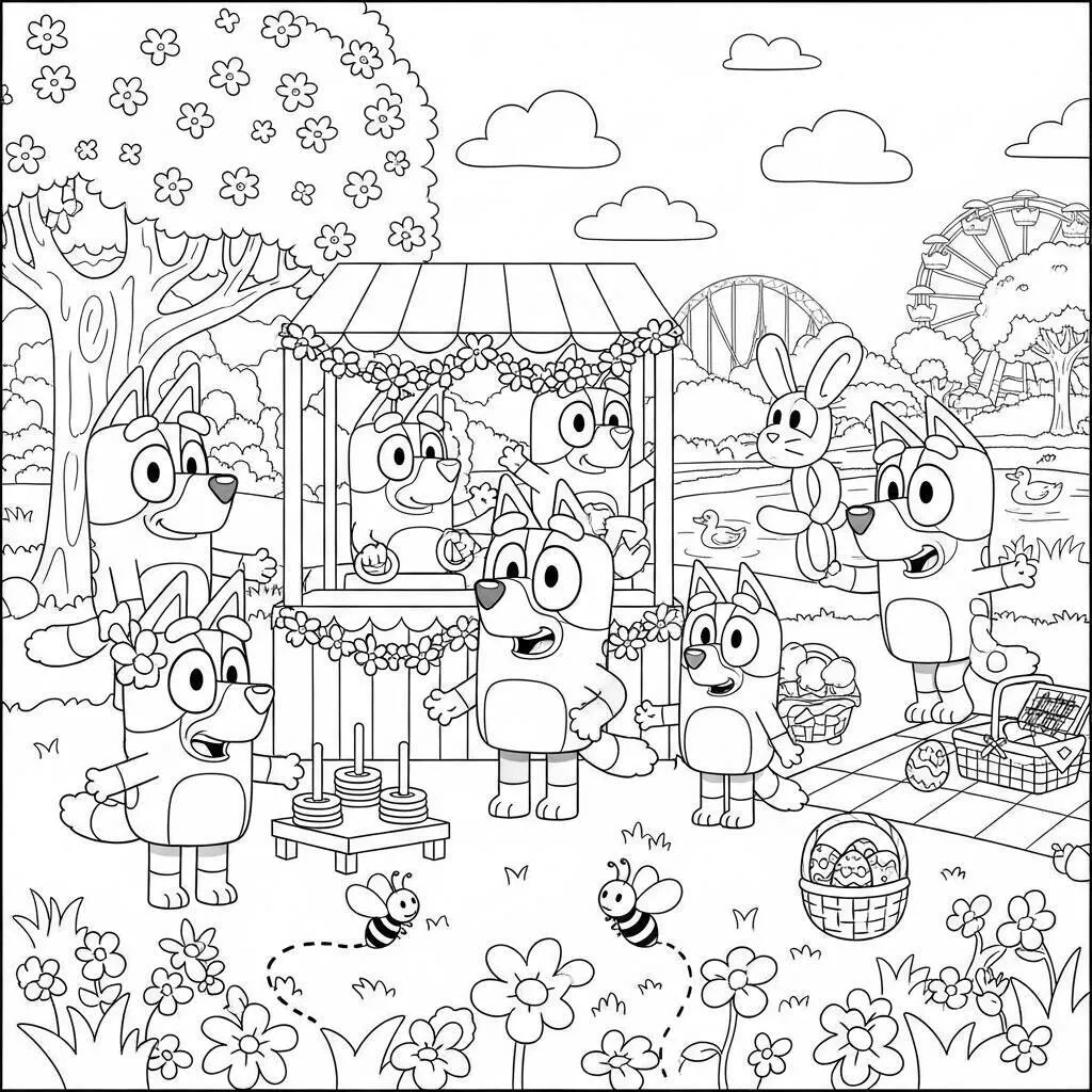 Desenho de Bluey e Amigos em um Festival de Primavera para Colorir