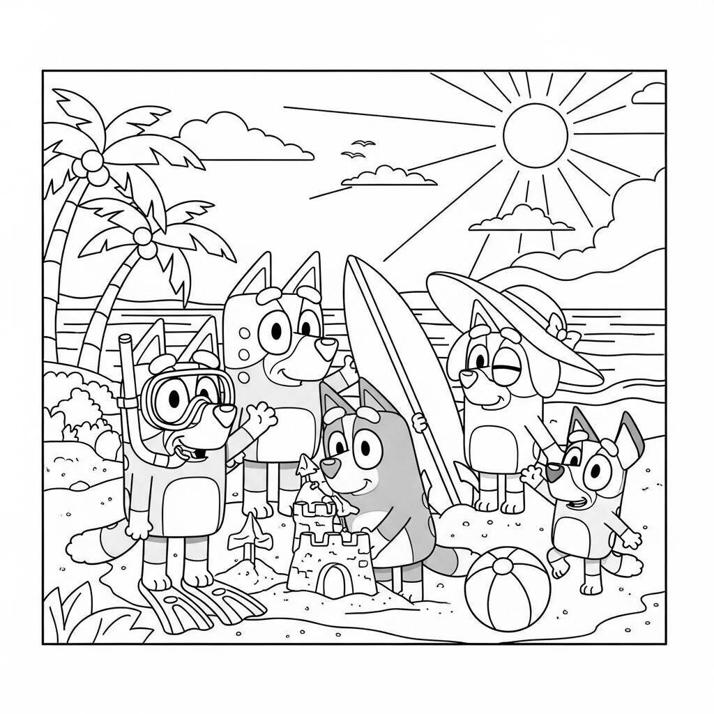Desenho de Bluey e Amigos em uma Aventura de Férias para Colorir