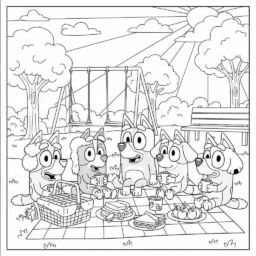 Desenho de Bluey e Amigos fazendo um Piquenique no Parque para Colorir