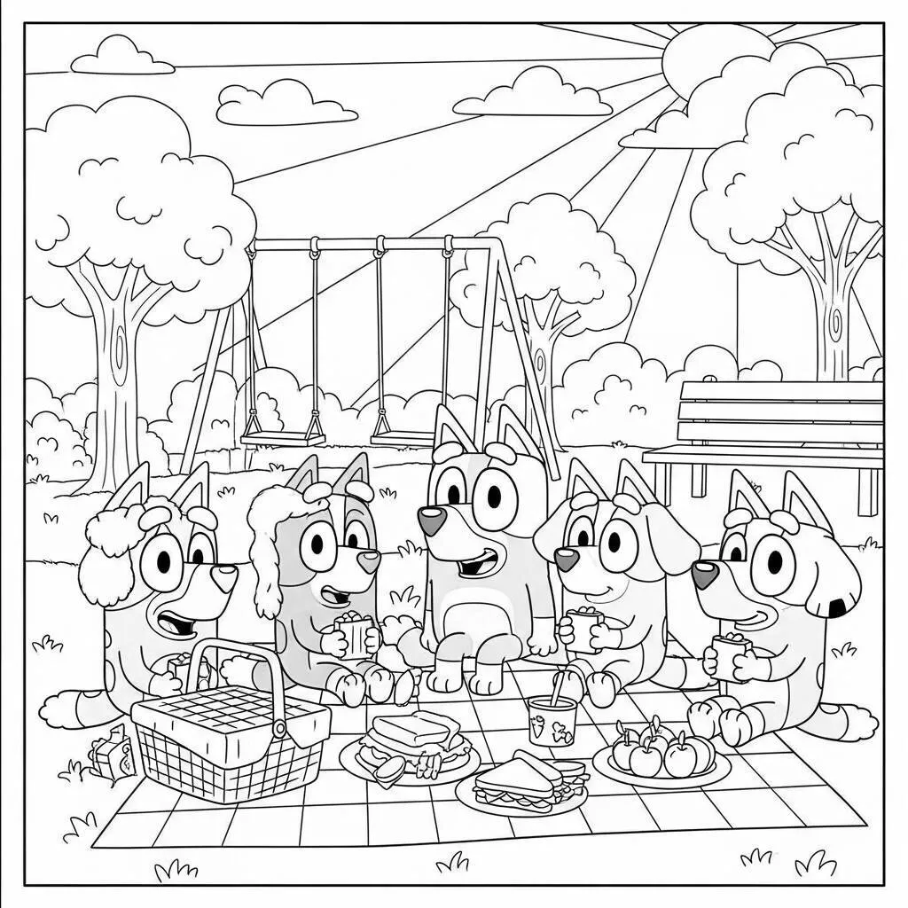 Desenho de Bluey e Amigos fazendo um Piquenique no Parque para Colorir