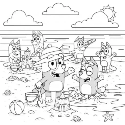 Desenho de Bluey e Amigos no Dia de Praia para Colorir