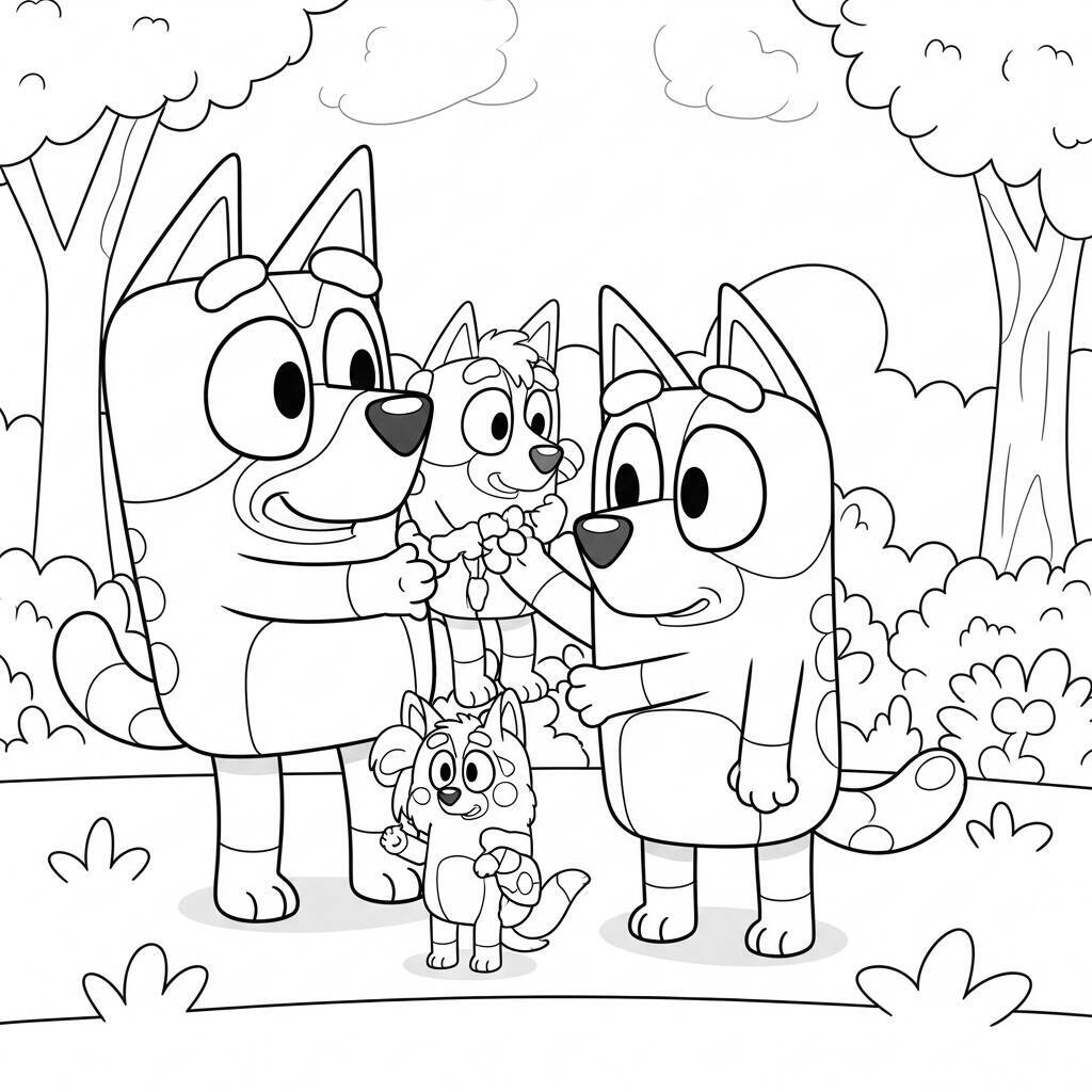 Desenho de Bluey e Bingo Brincando com Animais de Estimação para Colorir