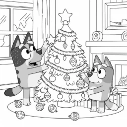 Desenho de Bluey e Bingo Decorando a Árvore de Natal para Colorir