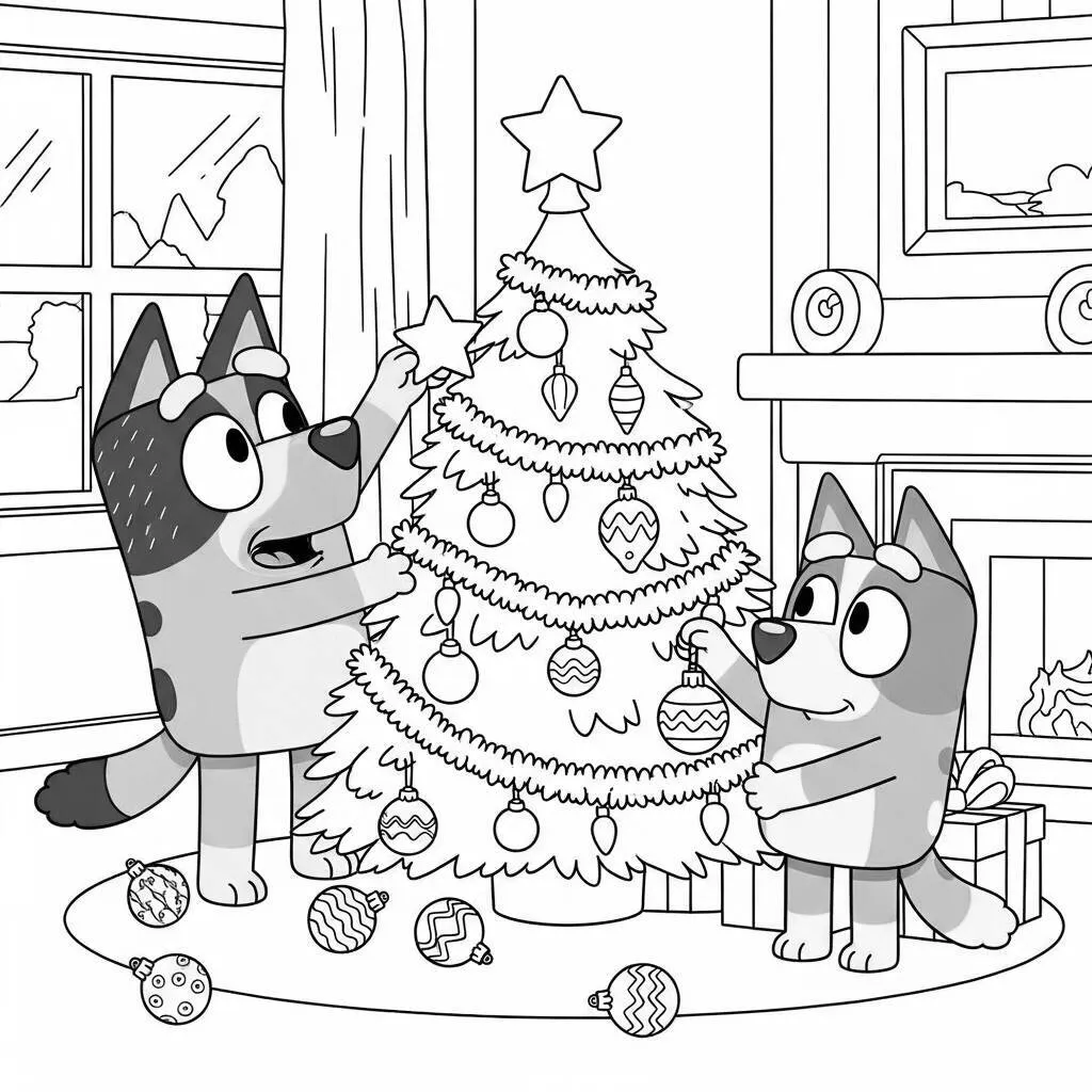 Desenho-de-Bluey-e-Bingo-Decorando-a-Arvore-de-Natal-para-Colorir Desenho de Bluey e Bingo Decorando a Árvore de Natal para Colorir
