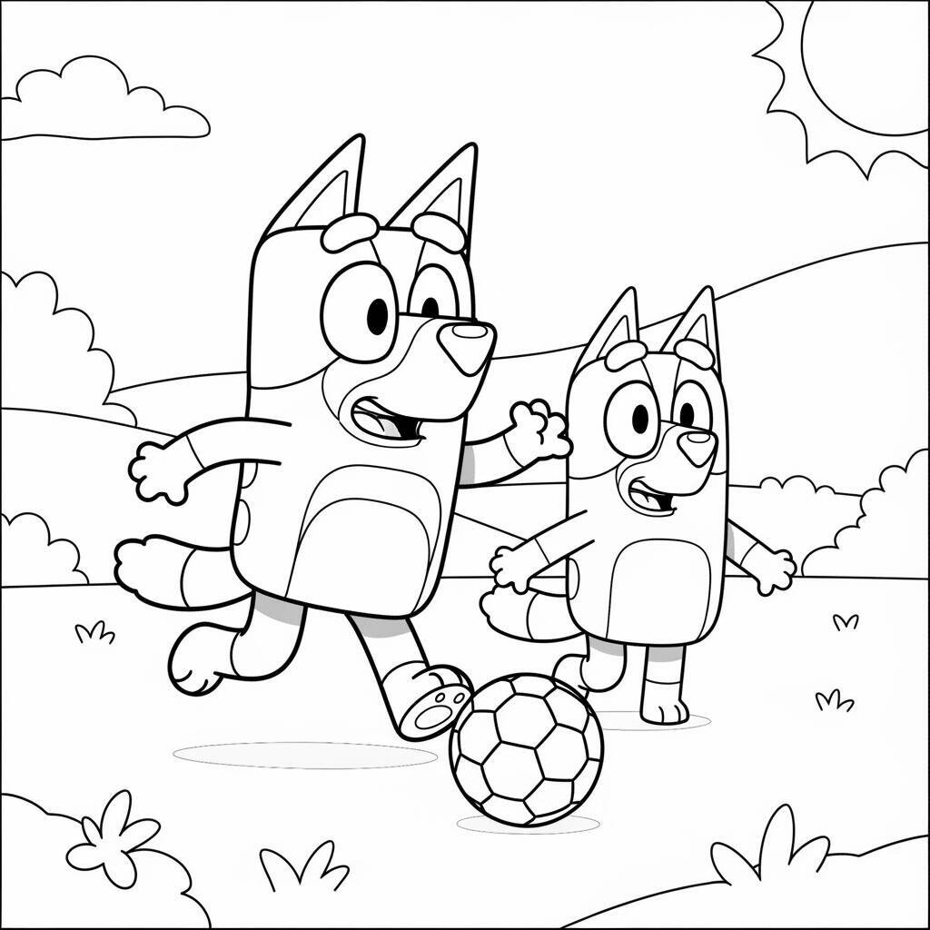 Ausmalbilder Bluey und Bingo spielen Fußball