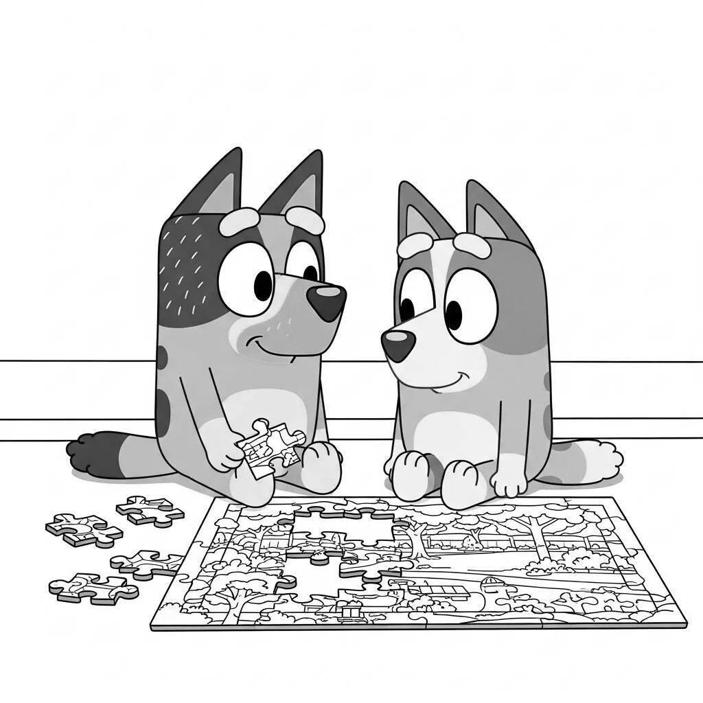 Desenho de Bluey e Bingo Montando um Quebra-Cabeça para Colorir