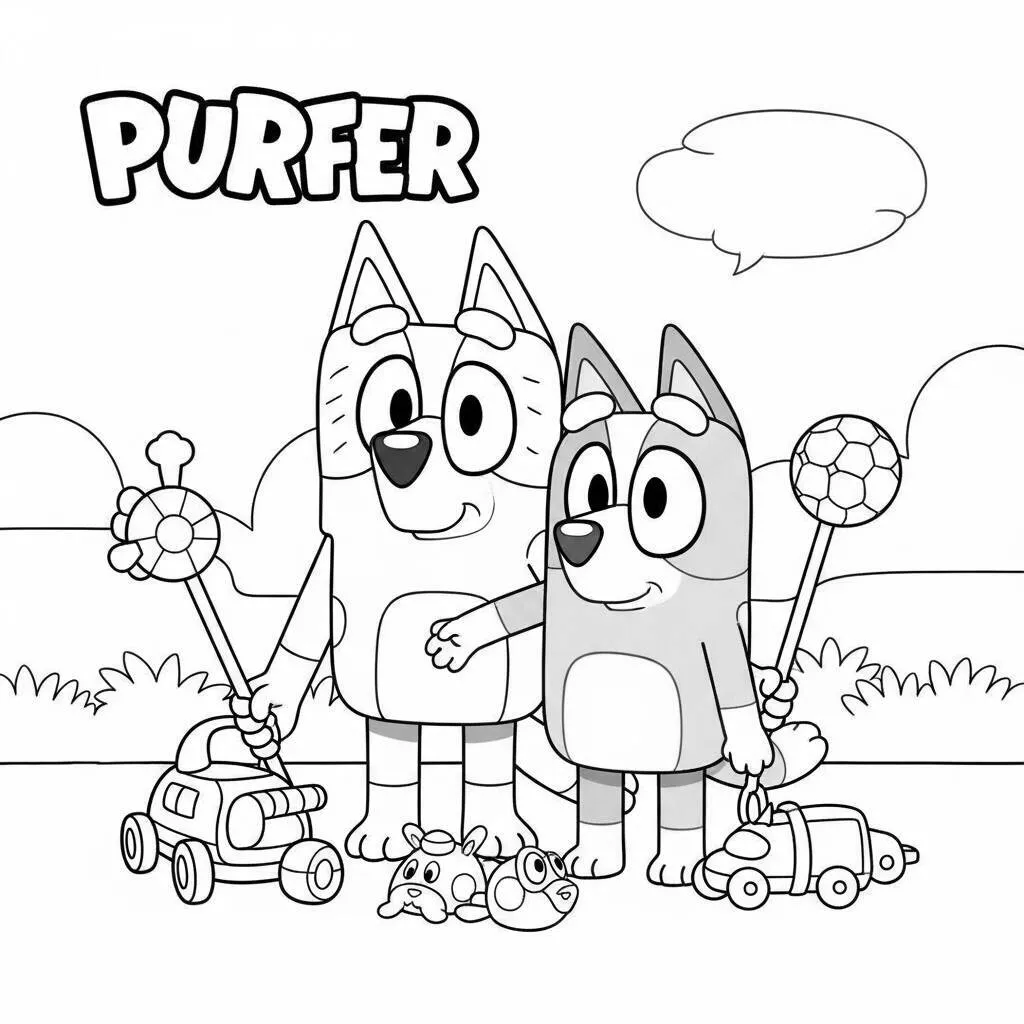 Desenho-de-Bluey-e-Bingo-com-seus-Brinquedos-para-Colorir Desenho de Bluey e Bingo com seus Brinquedos para Colorir