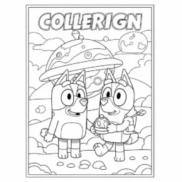 Desenho de Bluey e Bingo em uma Aventura Espacial para Colorir