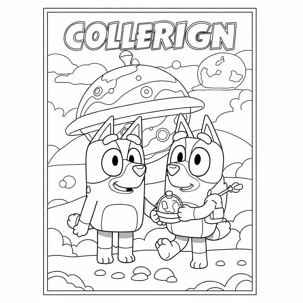 Desenho de Bluey e Bingo em uma Aventura Espacial para Colorir
