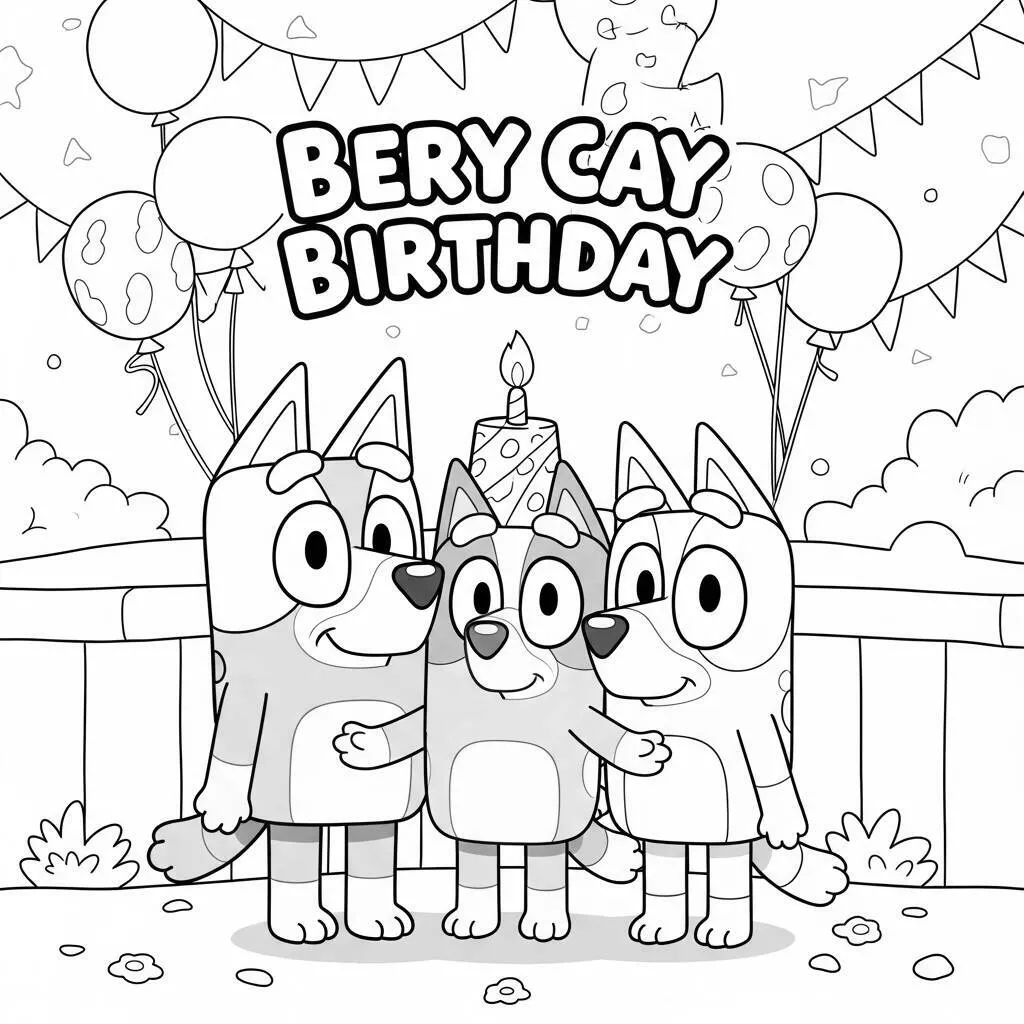 Desenho de Bluey e Bingo em uma Festa de Aniversário para Colorir