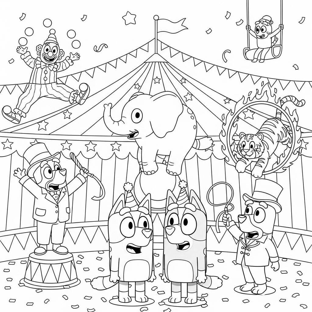 Ausmalbilder Bluey und Bingo im Zirkus