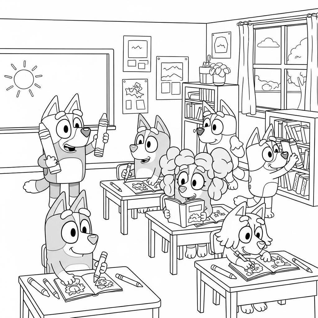 Desenho de Bluey e Seus Amigos em um Dia de Escola para Colorir