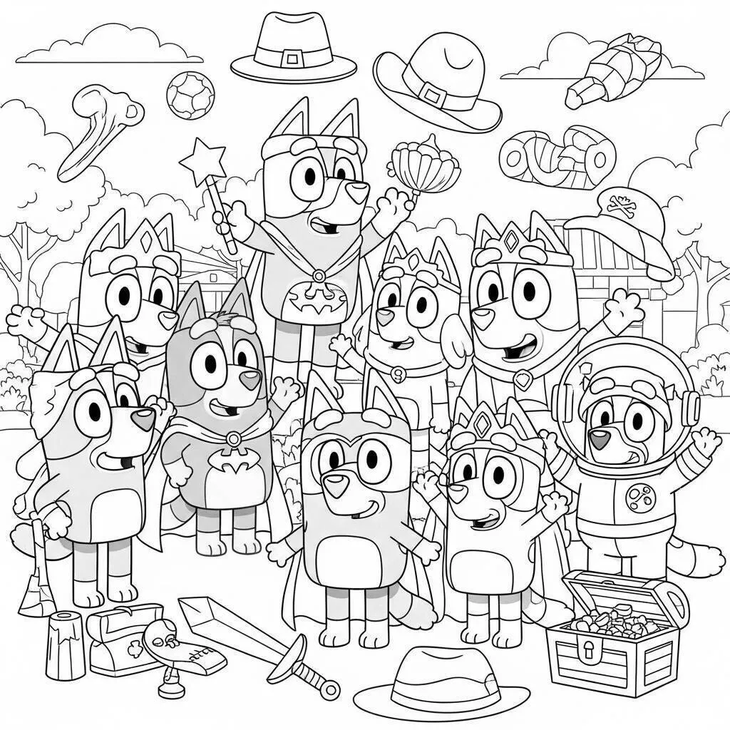 Desenho de Bluey e seus amigos para Colorir