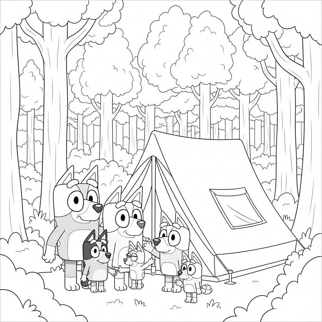Bluey und ihre Familie campen im Wald zum Ausmalen