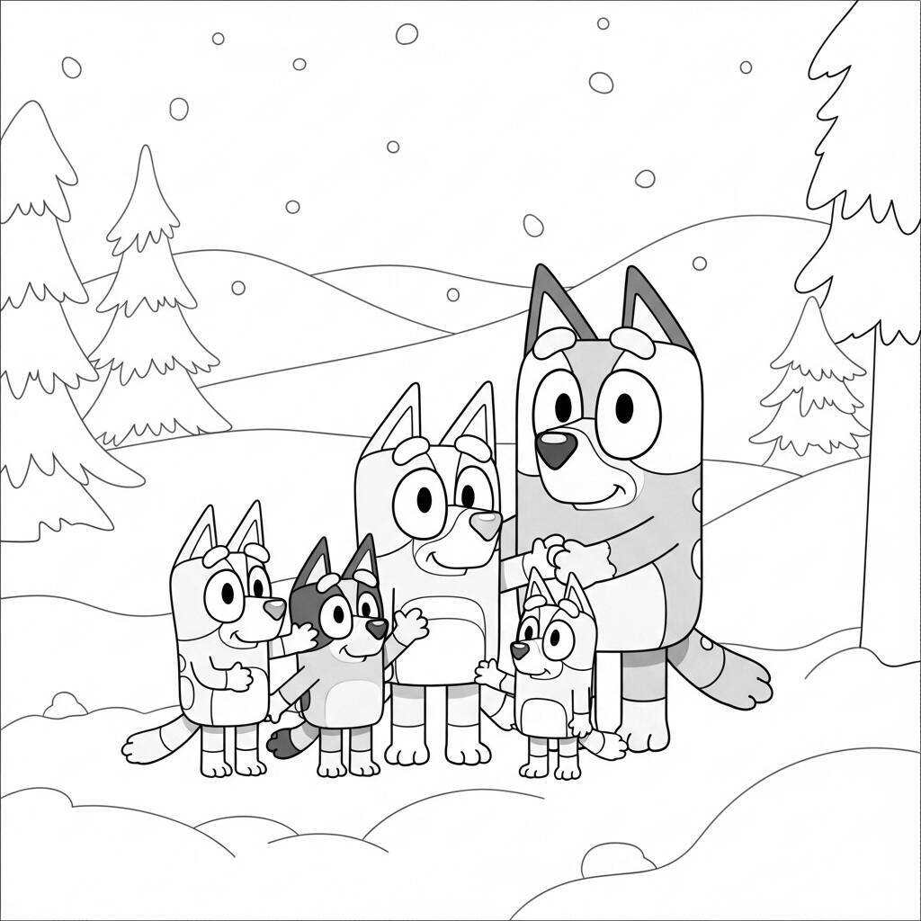 Bluey und ihre Familie spielen im Schnee zum Ausmalen