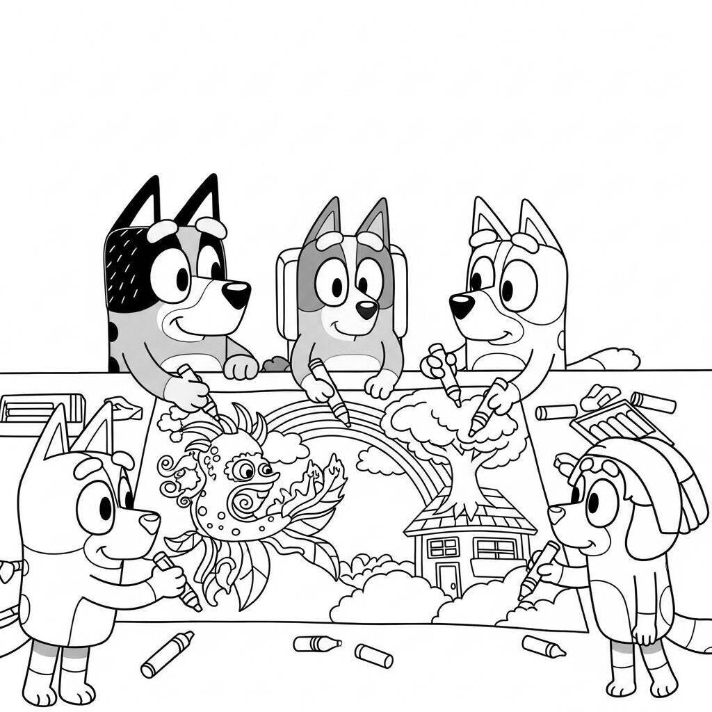 Desenho de Bluey e sua Família Fazendo um Projeto de Artes para Colorir