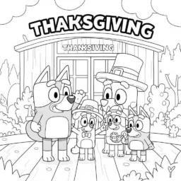 Desenho de Bluey e sua Família em um Dia de Ação de Graças para Colorir