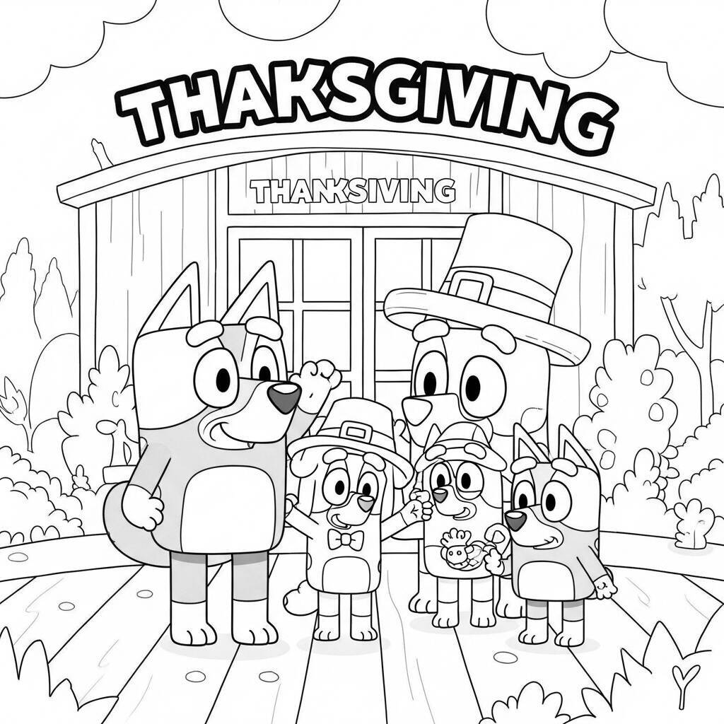 Desenho de Bluey e sua Família em um Dia de Ação de Graças para Colorir
