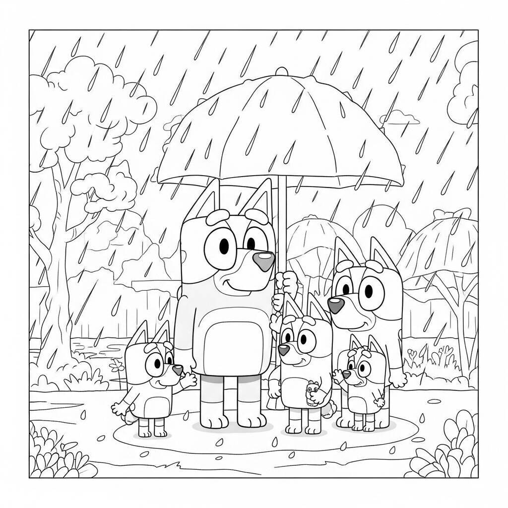Desenho de Bluey e sua Família em um Dia de Chuva para Colorir
