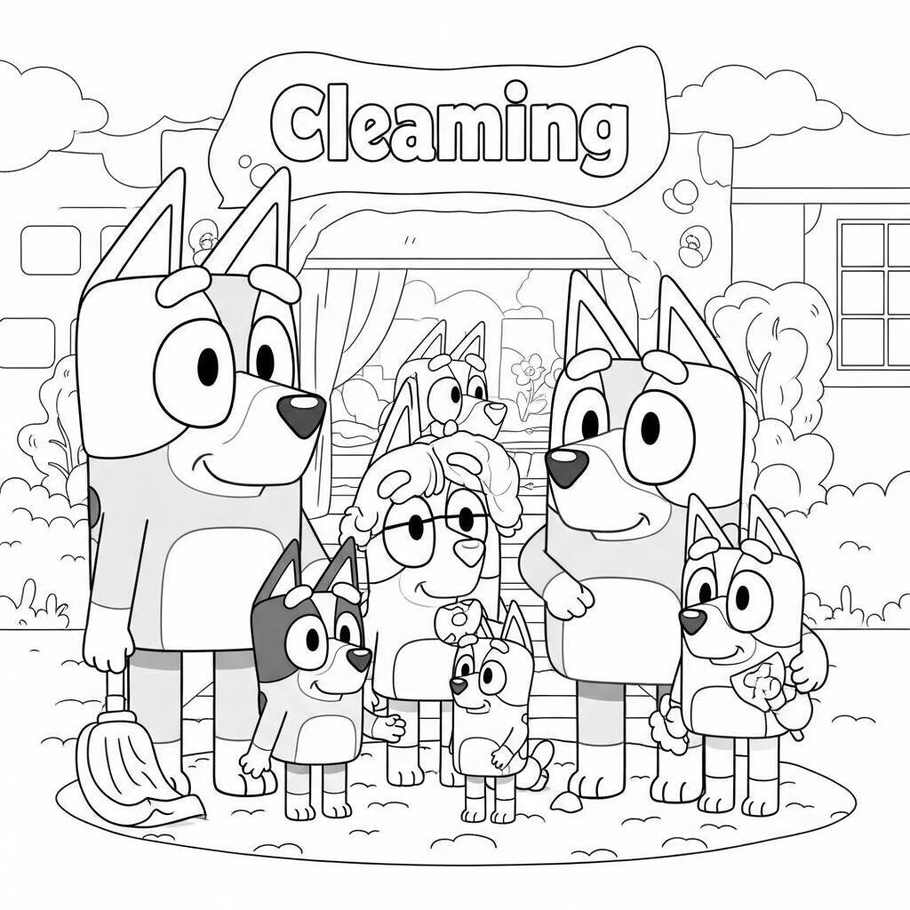 Ausmalbild: Bluey und ihre Familie an einem Putztag