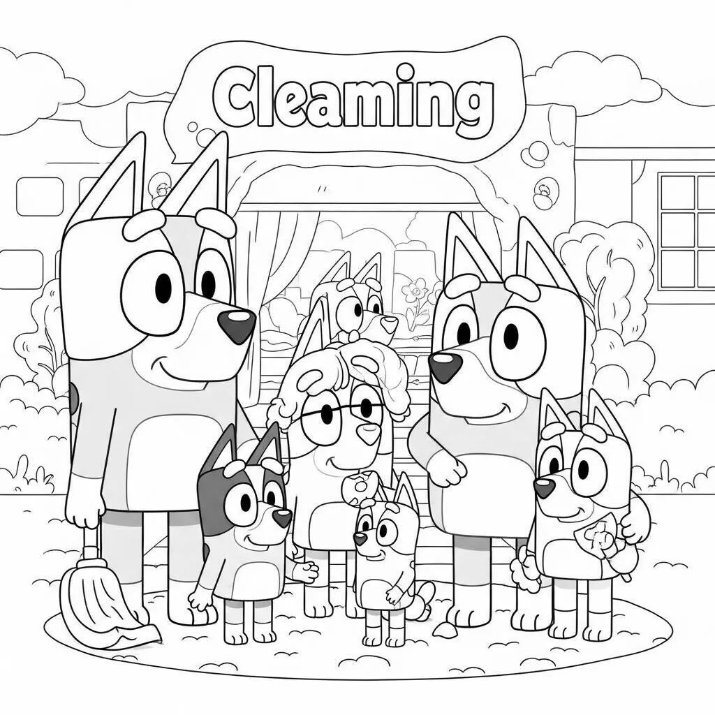 Desenho de Bluey e sua Família em um Dia de Limpeza para Colorir