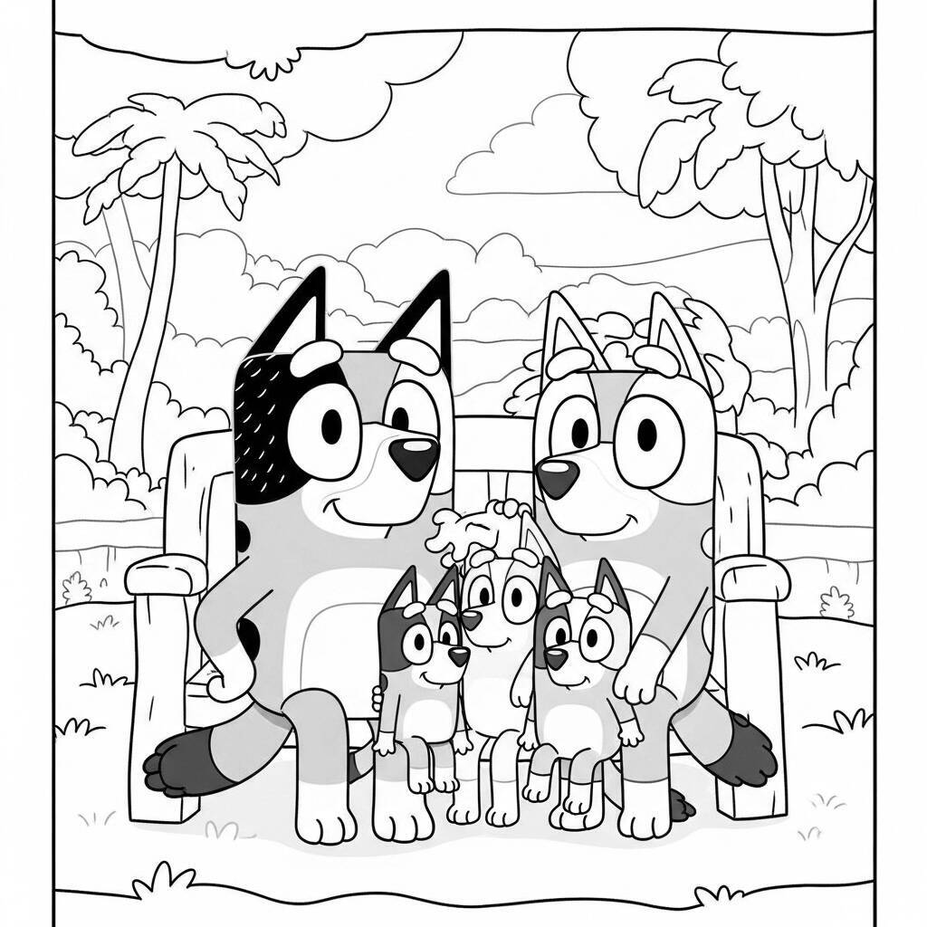 Ausmalbild: Bluey und ihre Familie an einem Entspannungstag
