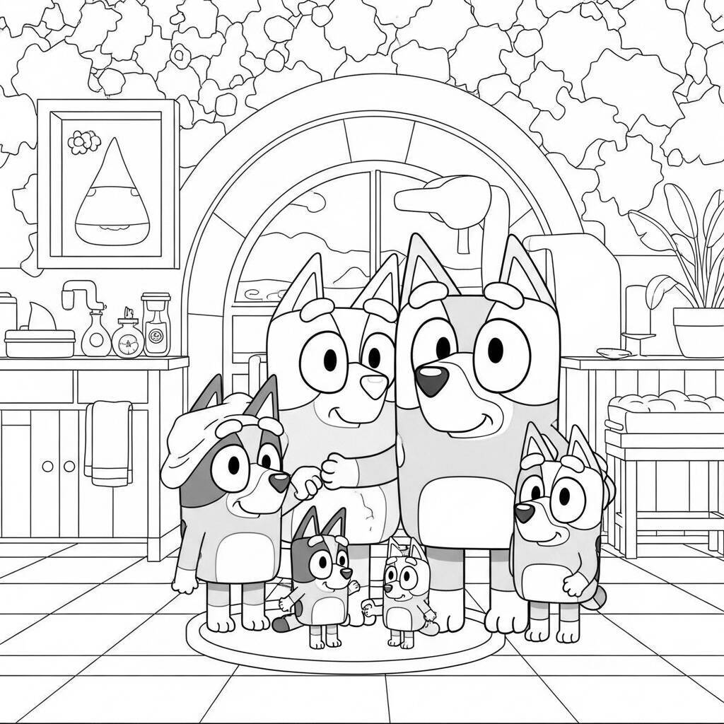 Ausmalbild: Bluey und ihre Familie an einem Spa-Tag