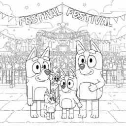Desenho de Bluey e sua Família em um Festival de Música para Colorir