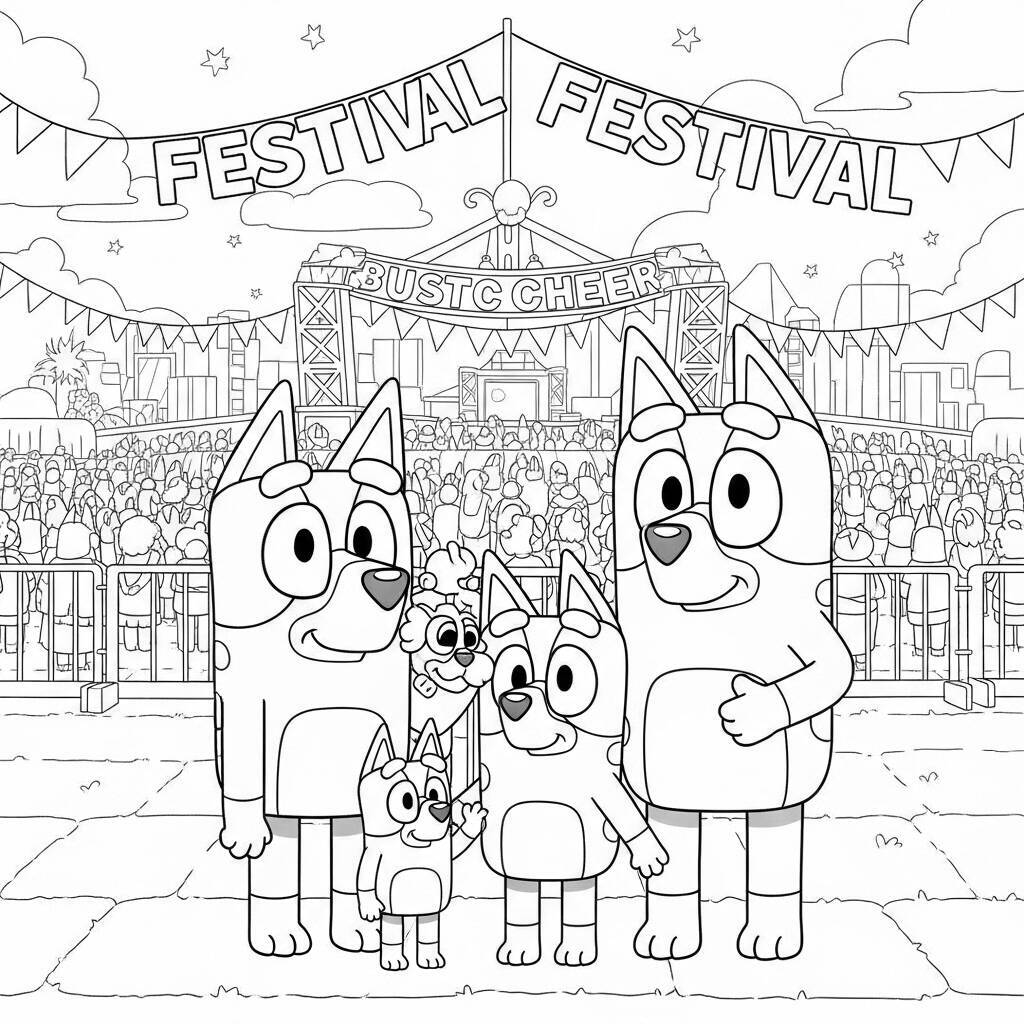 Ausmalbild: Bluey und ihre Familie bei einem Musikfestival