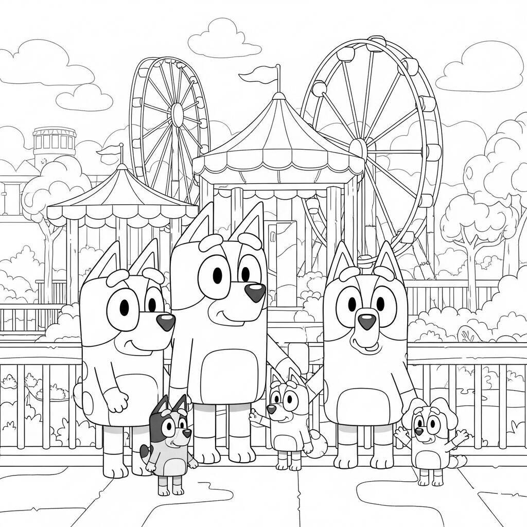 Bluey und seine Familie in einem Vergnügungspark zum Ausmalen