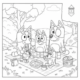 Desenho de Bluey e sua Família em um Pic-Nic para Colorir