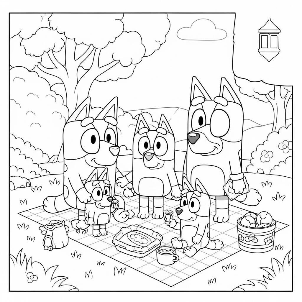 Desenho de Bluey e sua Família em um Pic-Nic para Colorir
