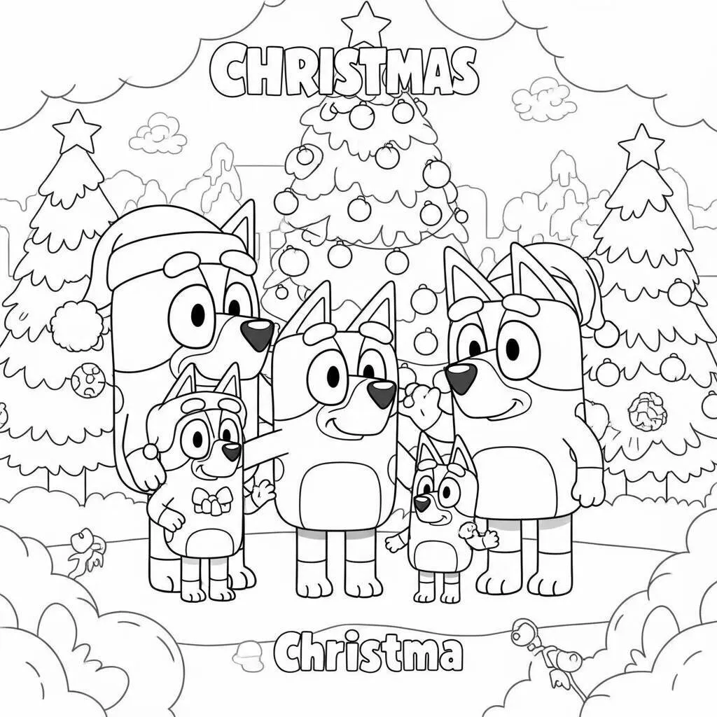 Desenho de Bluey e sua Família no Natal para Colorir