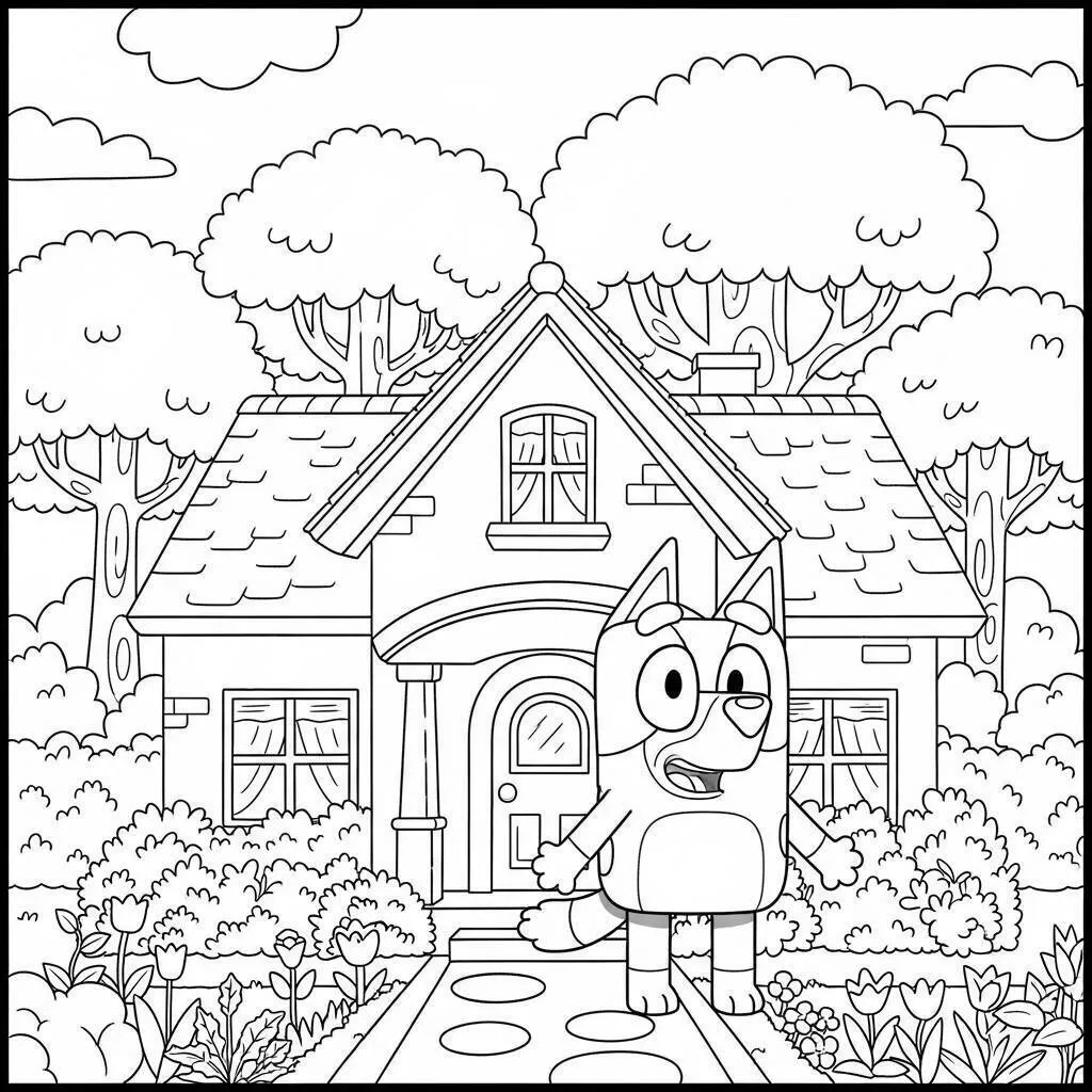 Desenho de Bluey e sua casa para Colorir