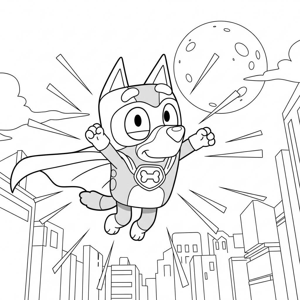 Desenho de Bluey em uma Aventura de Super-Herói para Colorir