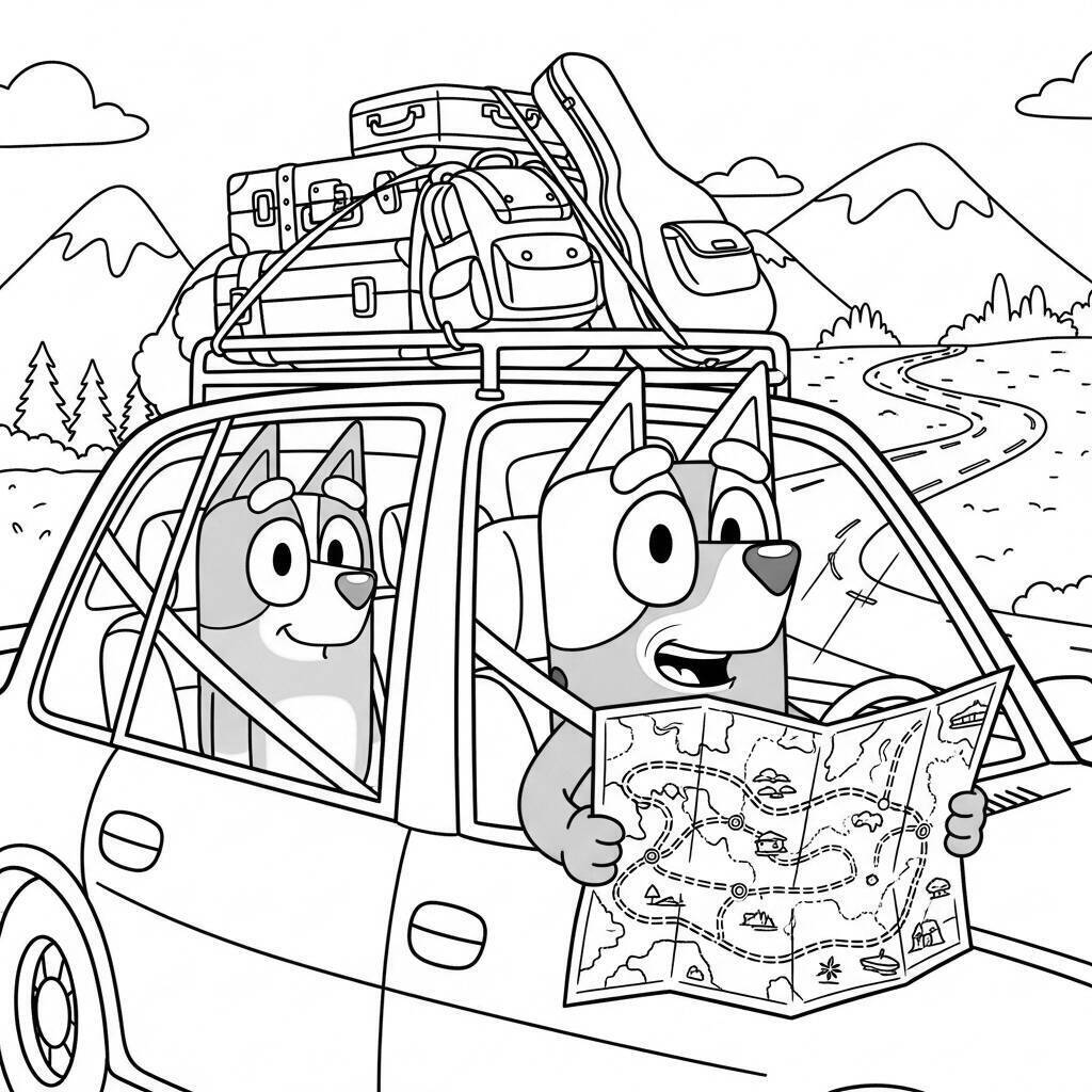 Bluey auf einer Reiseabenteuer-Malvorlage