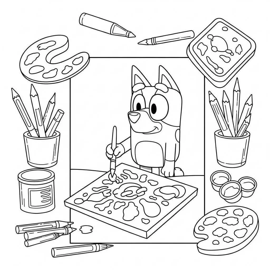 Desenho de Bluey fazendo arte para Colorir
