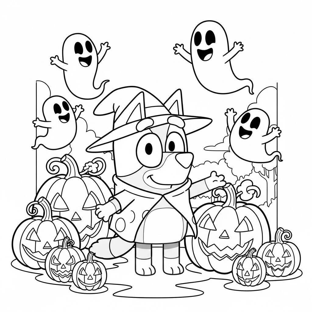 Bluey auf Halloween-Malseite