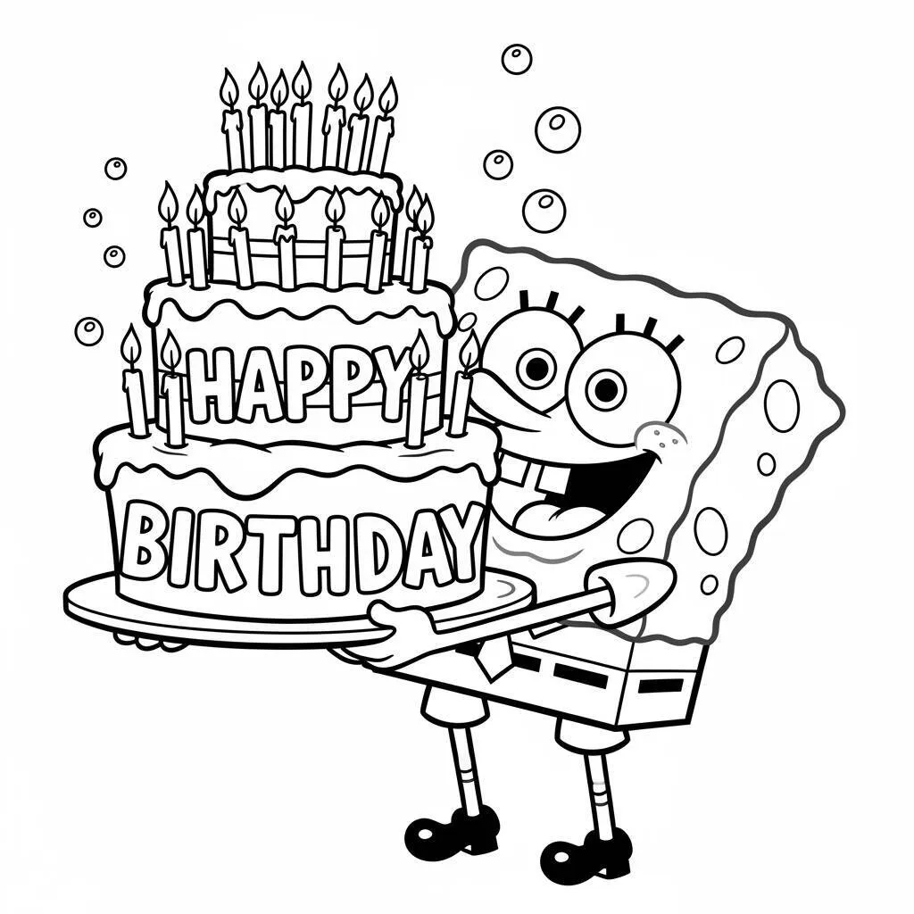 Desenho-de-Bob-Esponja-com-um-Bolo-de-Aniversario-para-Colorir Dibujo para colorear de Bob Esponja con una tarta de cumpleaños