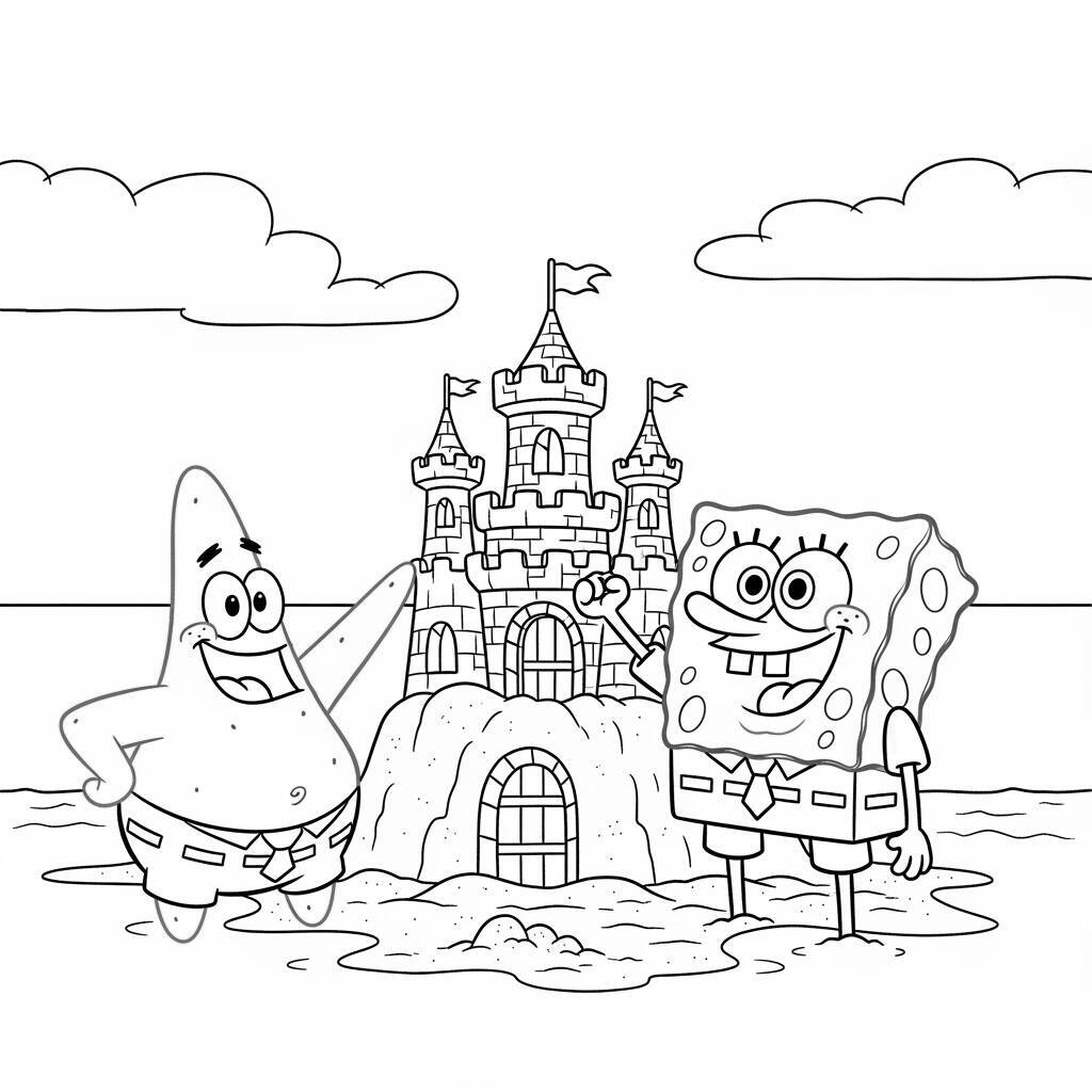 Desenho de Bob Esponja e Patrick Brincando na Praia para Colorir