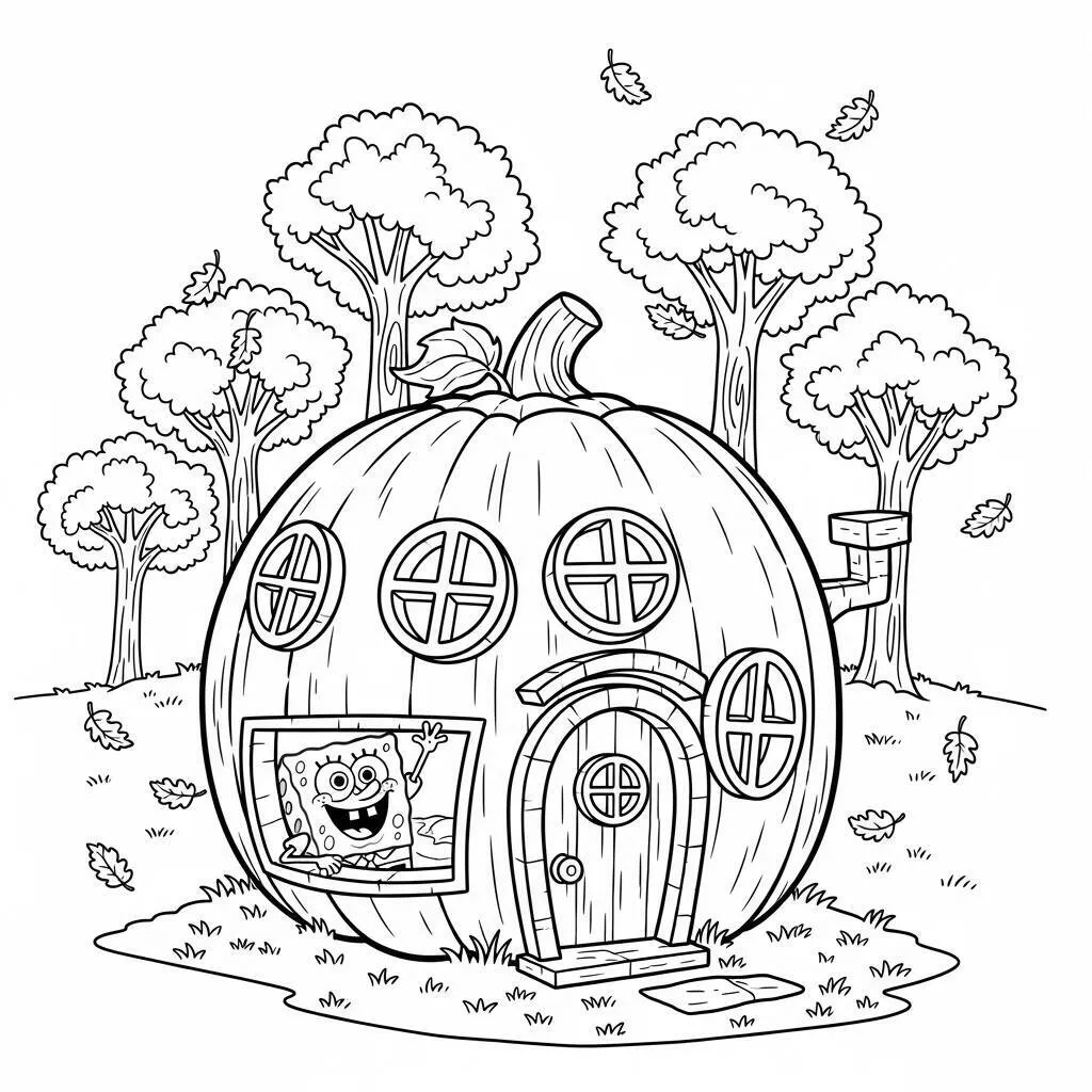 Desenho de Bob Esponja e a Casa de Abóbora para Colorir