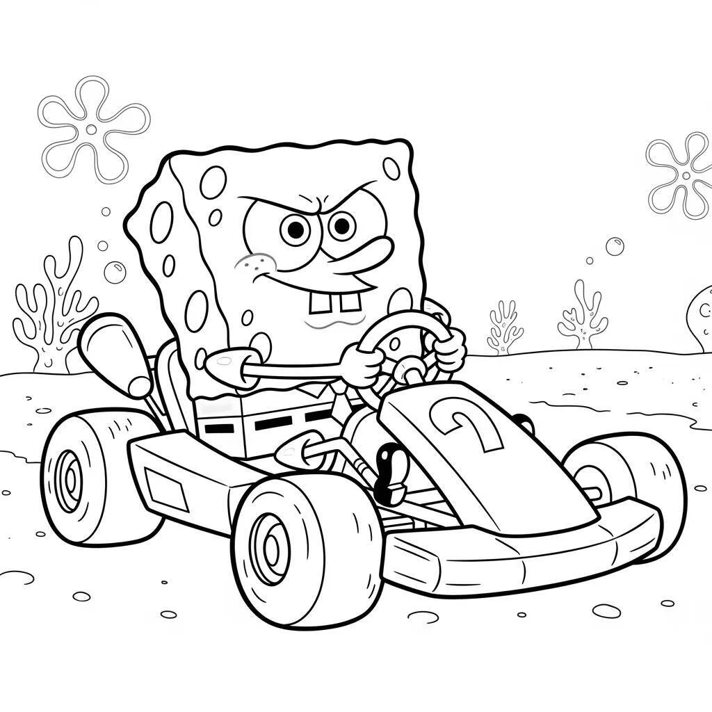 Desenho de Bob Esponja e a Corrida de Carros para Colorir