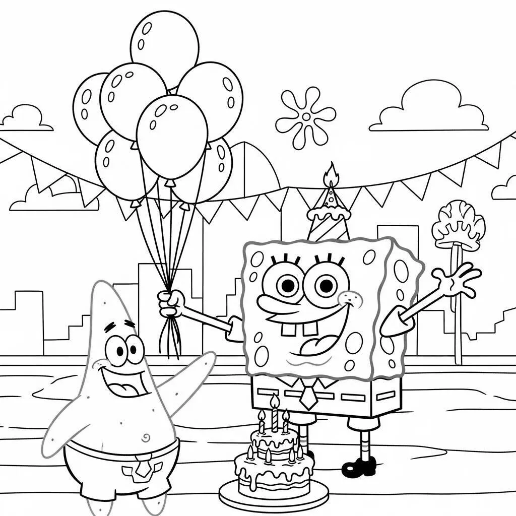 Desenho de Bob Esponja e a Festa de Aniversário de Patrick para Colorir